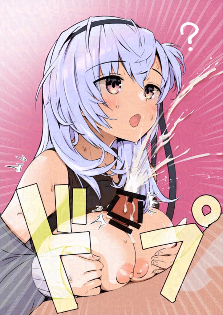 1boy 1girl asava_(hutaitenn) breasts breasts_squeezed_together brown_eyes cum cum_on_body cum_on_breasts cum_on_upper_body ejaculation facial grey_hair hachimaki headband hetero kantai_collection nipples open_mouth paizuri side_ponytail suzutsuki_(kancolle) tongue