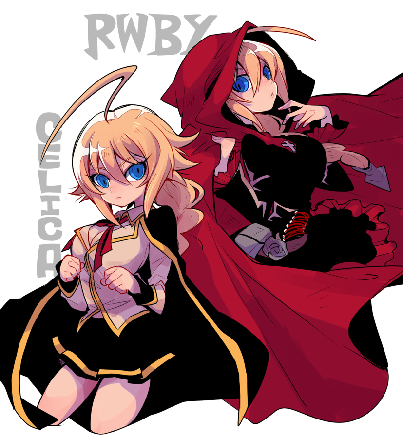 1girl ahoge black_cape black_dress black_skirt blazblue blonde_hair blue_eyes braid breasts cape celica_a._mercury celica_a._mercury_(cosplay) cleavage cloak corset cosplay cross dress es_(xblaze) frilled_dress frills hood hooded_cloak large_breasts long_braid long_hair long_sleeves mako_gai plaid_clothes plaid_skirt pleated_skirt red_cape red_neckwear ruby_rose ruby_rose_(cosplay) rwby school_uniform serafuku serious single_braid skirt solo xblaze