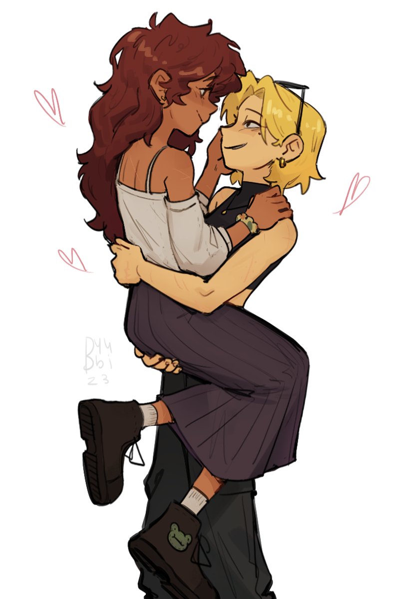 2girls aged_up amphibia ankle_boots anne_boonchuy blonde_hair boots brown_hair byubiyubi carrying carrying_person crop_top dark-skinned_female dark_skin earrings eye_contact eyewear_on_head full_body hand_on_another&#039;s_cheek hand_on_another&#039;s_face heart highres jewelry long_hair long_skirt looking_at_another mole mole_under_eye multiple_girls parted_bangs pleated_skirt sasha_waybright scrunchie shirt short_hair signature skirt sleeveless smile socks standing sunglasses turtleneck white_background white_shirt wrist_scrunchie yuri