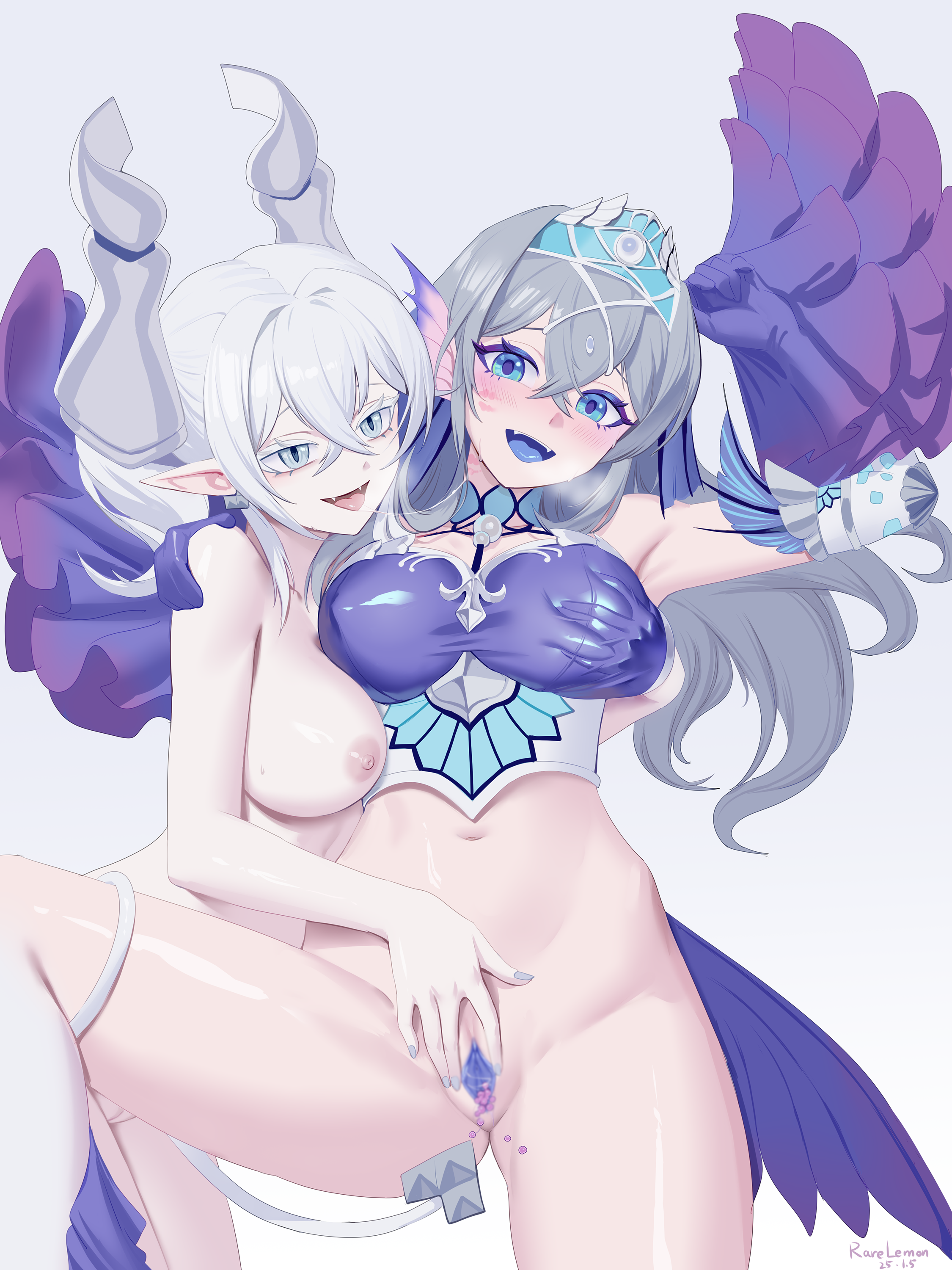 2girls absurdres blue_pussy blue_tongue breasts censored colored_pussy colored_tongue commentary_request cowboy_shot demon_girl demon_horns demon_tail duel_monster fangs fins grabbing_another's_breast grabbing_from_behind grey_hair groping hand_under_clothes head_fins highres horns kitkallos_(yu-gi-oh!) lipstick lipstick_mark lipstick_mark_on_face lipstick_mark_on_neck long_hair lovely_labrynth_of_the_silver_castle makeup multiple_girls nipples nude open_mouth pointy_ears pussy rare_lemon saliva saliva_trail spread_pussy tail tearlaments_kitkallos yu-gi-oh! yuri
