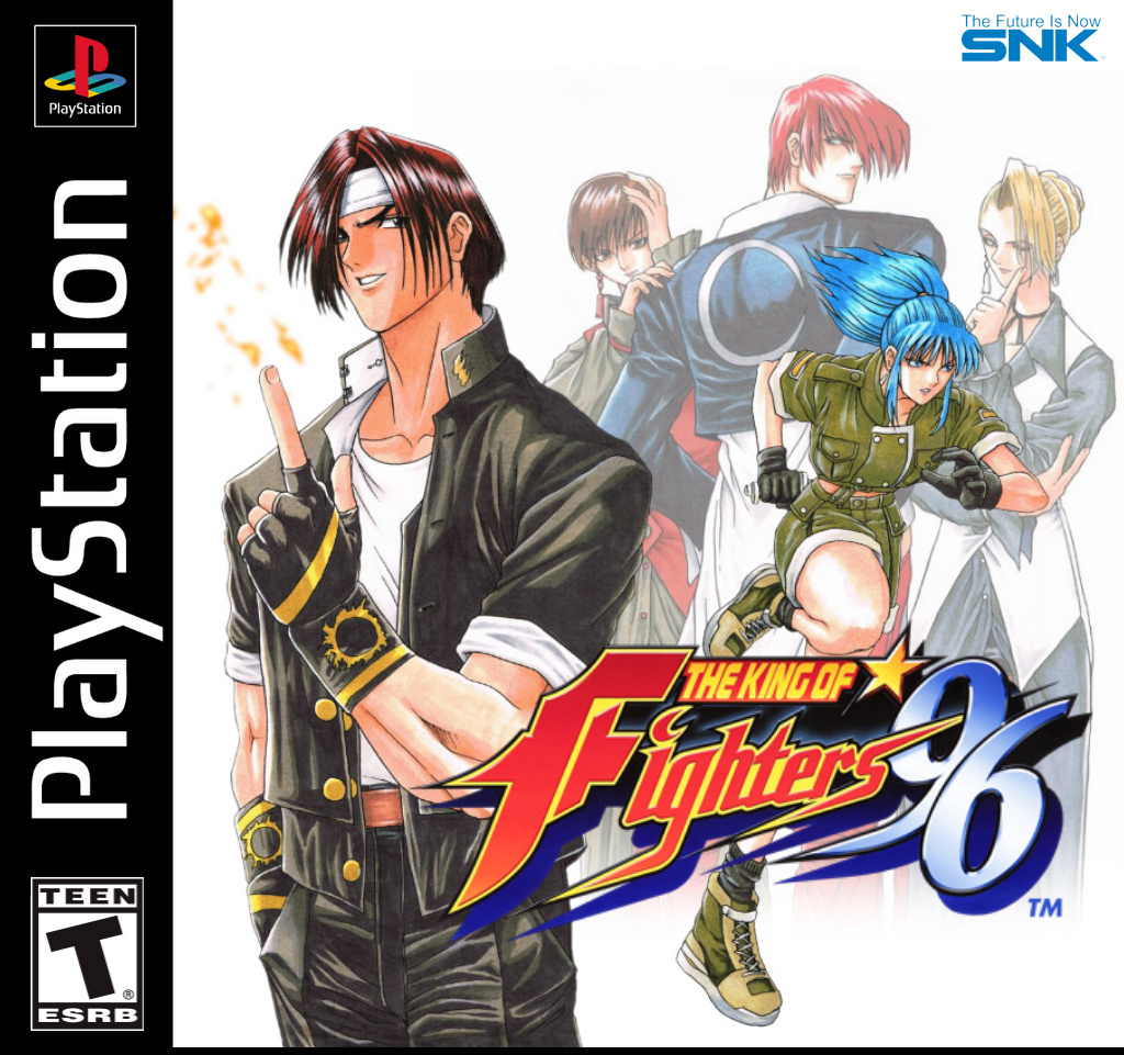 1990s_(style) 2boys 3girls blonde_hair blue_hair brown_hair game_console kusanagi_kyou leona_heidern mature_(kof) multiple_boys multiple_girls playstation_1 red_hair retro_artstyle snk the_king_of_fighters the_king_of_fighters_&#039;96 vice_(kof) yagami_iori
