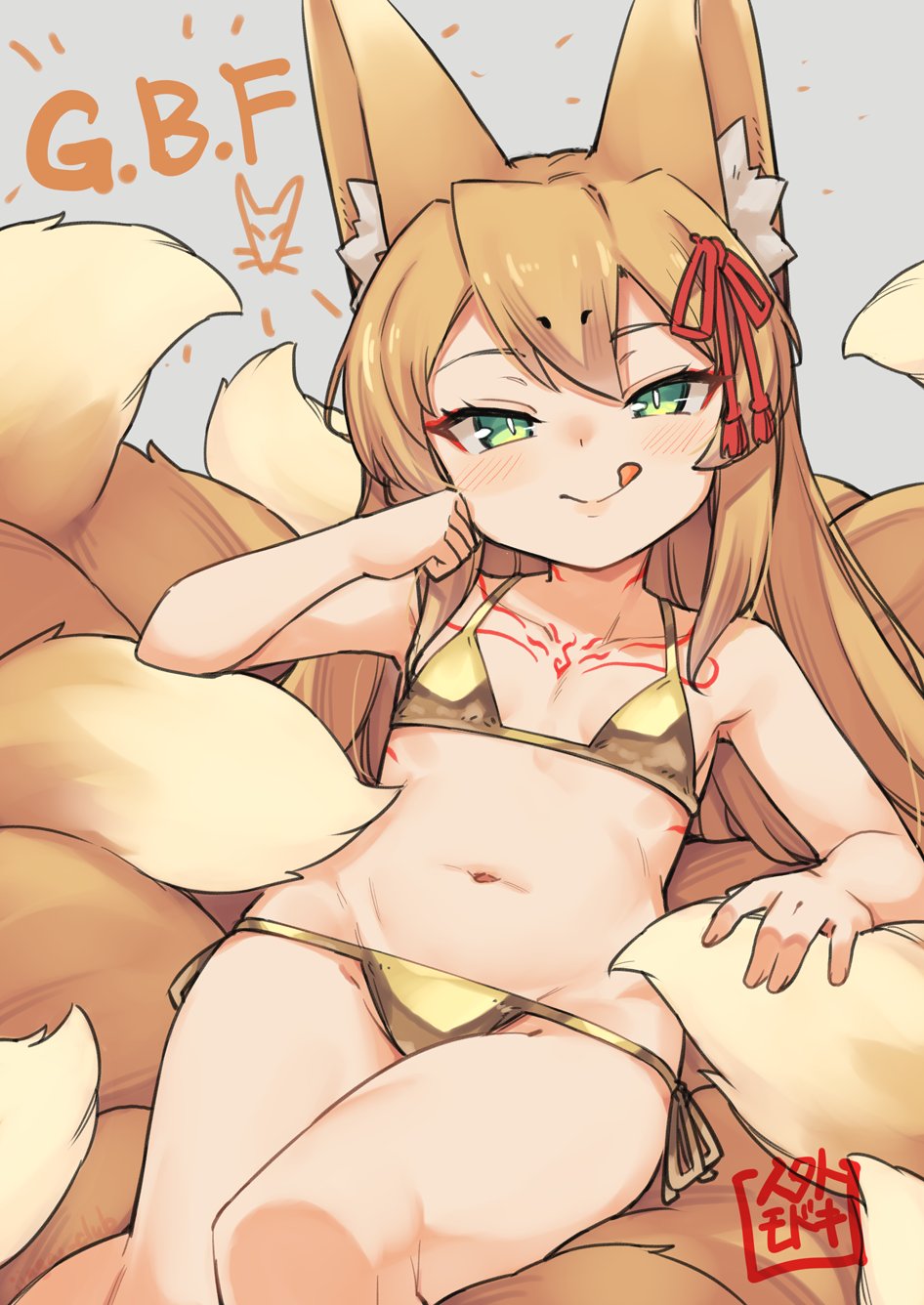1girl :q animal_ear_fluff animal_ears bikini blonde_hair closed_mouth fox_ears fox_girl fox_tail gold_bikini green_eyes grey_background highres jingai_modoki long_hair looking_at_viewer micro_bikini mon-musu_quest! multiple_tails side-tie_bikini_bottom simple_background sitting smile solo swimsuit tail tamamo_(mon-musu_quest!) thighs tongue tongue_out