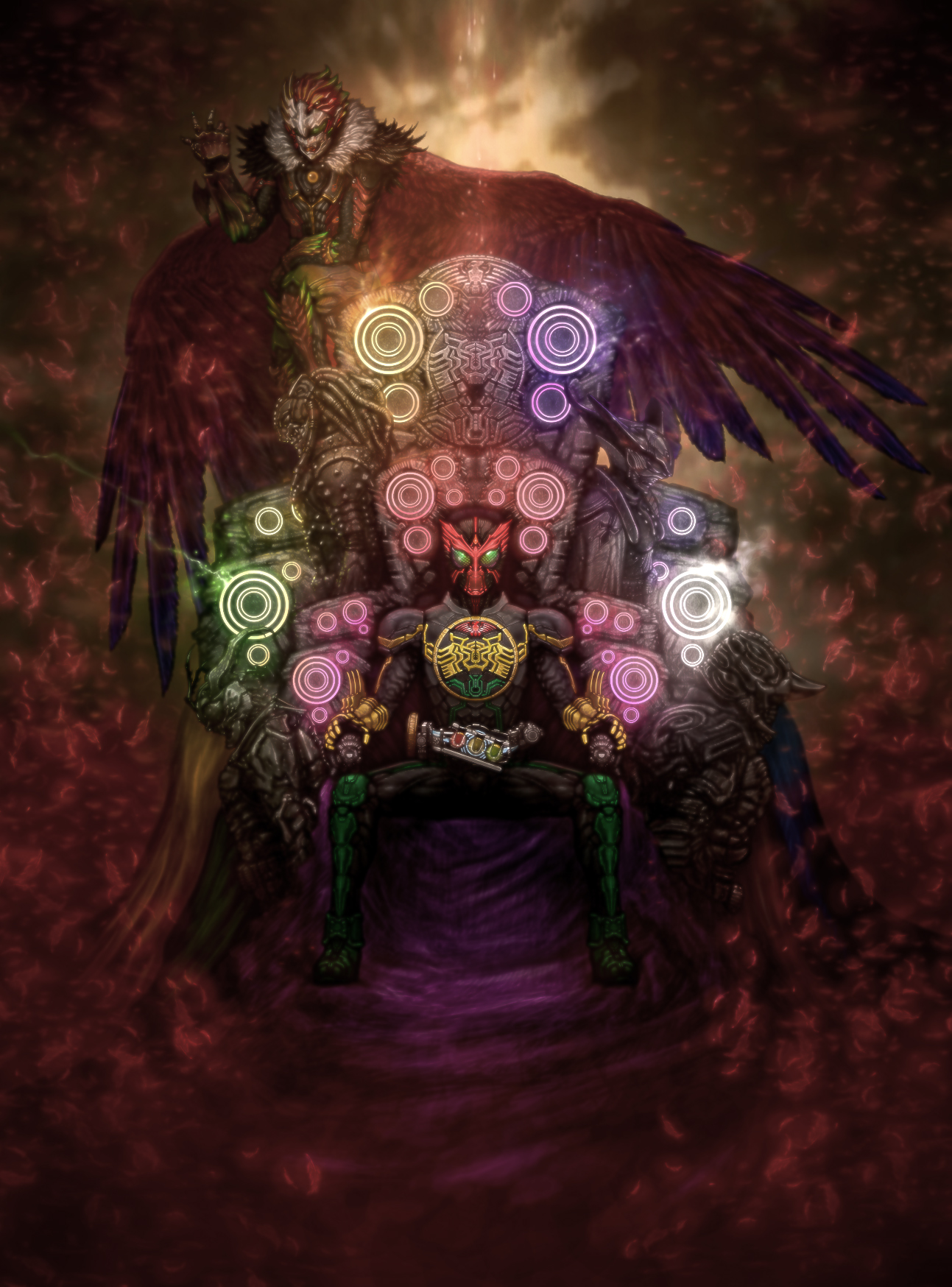 ankh_(ooo) belt gamel highres kamen_rider kamen_rider_ooo kamen_rider_ooo_(series) katou_yuu kazari md5_mismatch mezul sitting throne uva wings yukato1999