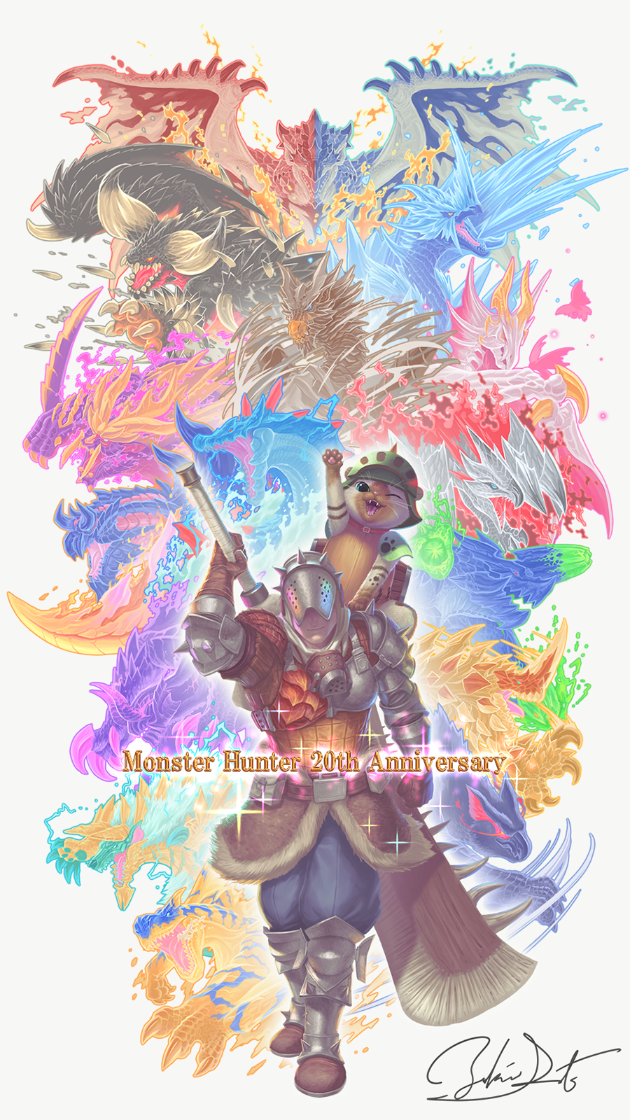 1boy animal animal_on_shoulder arm_blade armor armored_boots azure_rathalos blue_eyes blue_pants blue_scales boots brachydios dragon dragon_wings electricity fangs felyne fire full_body glavenus gloves gore_magala greatsword helmet highres holding holding_sword holding_weapon ice ice_horns kushala_daora lagiacrus large_horns light_smile magnamalo malzeno_(monster_hunter) monster_hunter_(character) monster_hunter_(series) nargacuga nergigante pants qurio_(monster_hunter) rathalos red_scales saliva satoyuki seregios sharp_tail sharp_teeth shoulder_armor signature slime_(substance) spiked_wings spikes sword talons teeth tigrex valstrax velkhana visor_(armor) weapon weapon_on_back wings wyvern zinogre