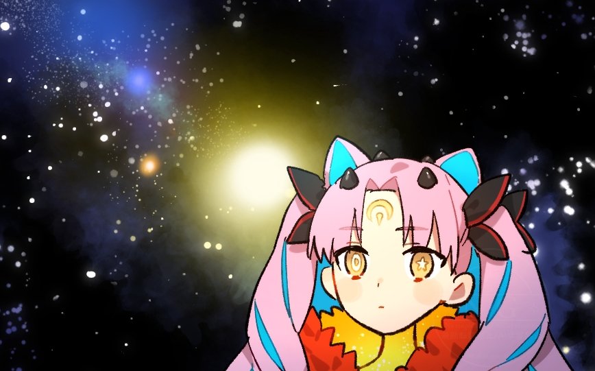 1girl animal_ears blue_hair cat_ears fate/grand_order fate_(series) horns ishtar_(fate) kabutomushi_s long_hair meme mismatched_pupils multicolored_hair purple_hair space space_cat_(meme) space_ishtar_(fate) space_ishtar_(third_ascension)_(fate) symbol-shaped_pupils two-tone_hair yellow_eyes