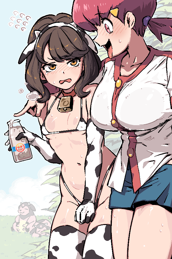 1boy 1girl alternate_breast_size androgynous animal_ears animal_print bell bikini blush bottle breasts brown_hair covering_crotch covering_privates cow_ears cow_horns cow_print cow_print_bikini cowbell crossdressing elbow_gloves embarrassed fake_animal_ears fake_horns female_pervert florian_(pokemon) gen_2_pokemon gloves hair_ornament hairclip hetero horns kingbawoon large_breasts long_hair low_twintails micro_bikini micro_bikini_top milk_bottle miltank navel nintendo open_mouth orange_eyes pectoral_cleavage pectorals pervert pink_eyes pink_hair pokemon pokemon_(creature) pokemon_hgss pokemon_sv print_bikini puffy_male_chest short_sleeves shorts shota suggestive_fluid swimsuit tears thighhighs thong thong_bikini tongue tongue_out trap twintails whitney_(pokemon)