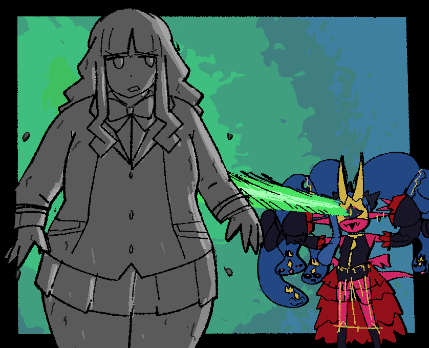 anniechrist620 crown digimon digimon_(creature) long_hair looking_at_another mask medusamon open_mouth petrification ribbon school_uniform skirt snake snake_hair tail tsukiyono_ruli