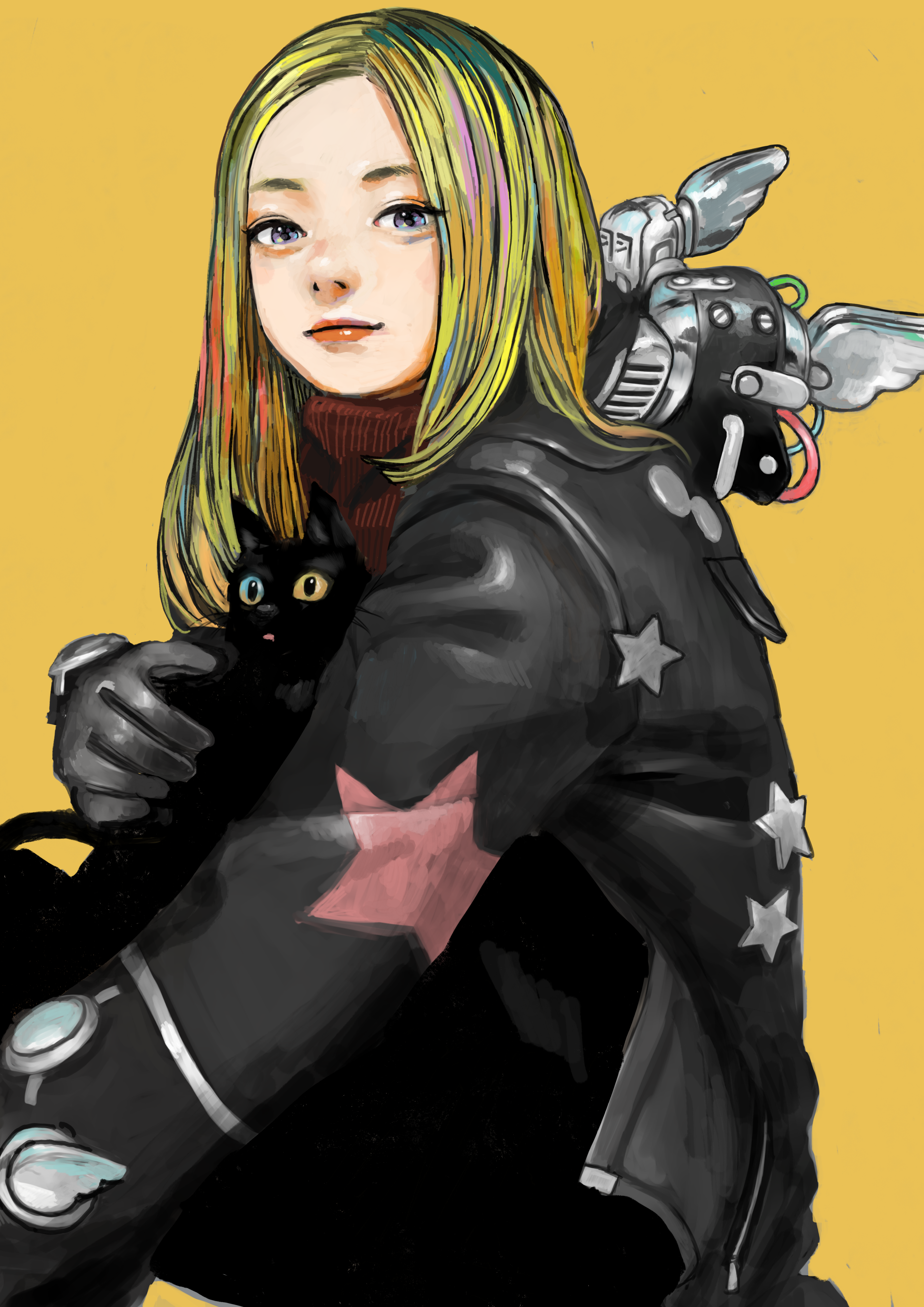 1girl absurdres animal black_cat black_jacket blonde_hair blue_eyes cat gloves highres holding jacket junjunforever lips long_hair looking_at_viewer multicolored_hair original simple_background sitting solo star_(symbol) star_print yellow_background