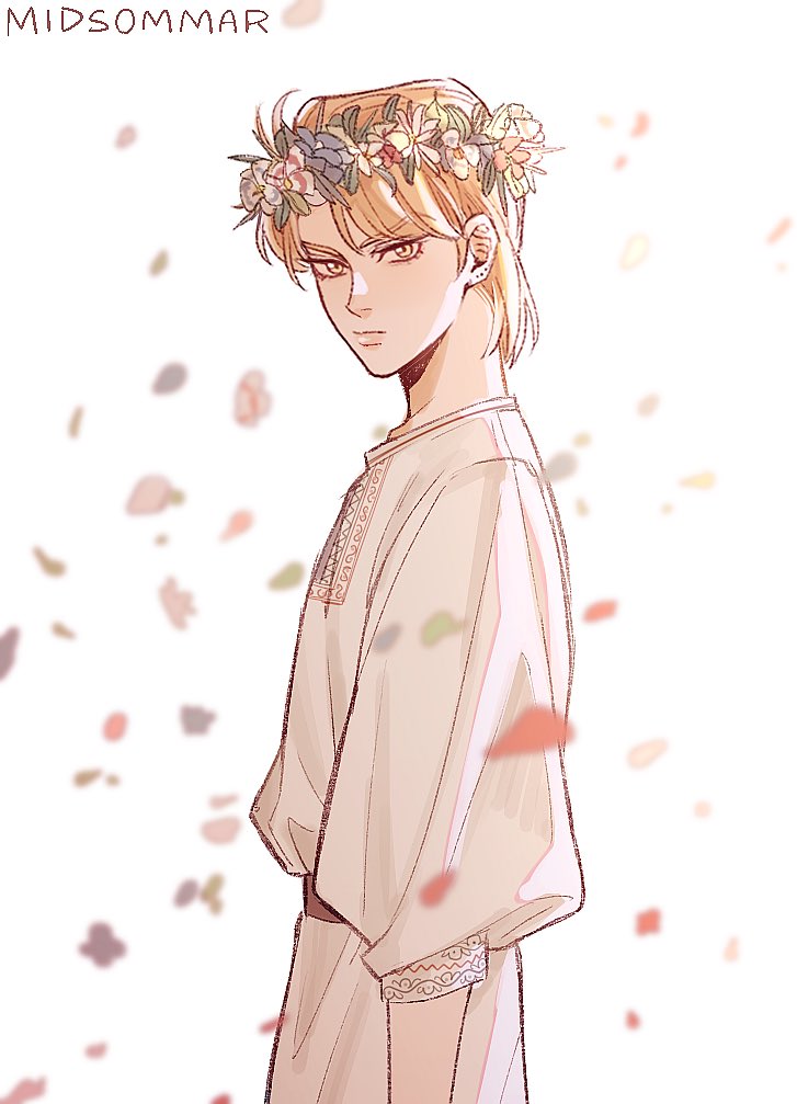 1boy alternate_costume blonde_hair closed_mouth commentary_request copyright_name dio_brando dress ear_birthmark flower hako_iix07 head_wreath jojo_no_kimyou_na_bouken looking_at_viewer male_focus midsommar petals phantom_blood short_hair solo white_dress yellow_eyes