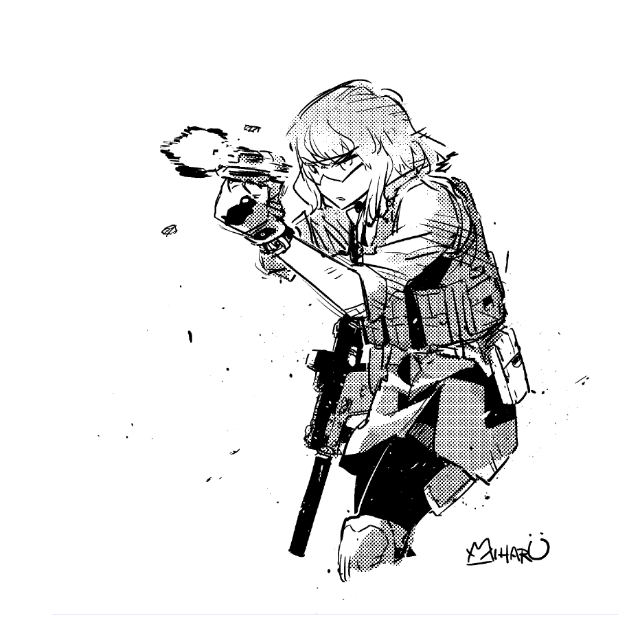 1girl acog artist_name chinese_commentary commentary_request female_focus firing gentiane_(girls&#039;_frontline) girls&#039;_frontline gloves goggles gun handgun knee_pads kriss_usa kriss_vector magpul miharu_(cgsky) monochrome shell_casing short_hair signature solo submachine_gun suppressor transformational_defense_industries vest weapon