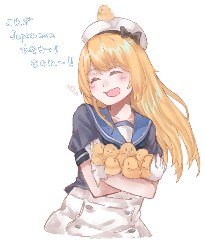 1girl az_toride bird blonde_hair blue_sailor_collar chick chick_on_head closed_eyes cowboy_shot dress female_focus gloves hat jervis_(kancolle) kantai_collection sailor_collar sailor_dress sailor_hat short_sleeves simple_background solo too_many too_many_chicks translation_request white_background white_dress white_gloves white_hat
