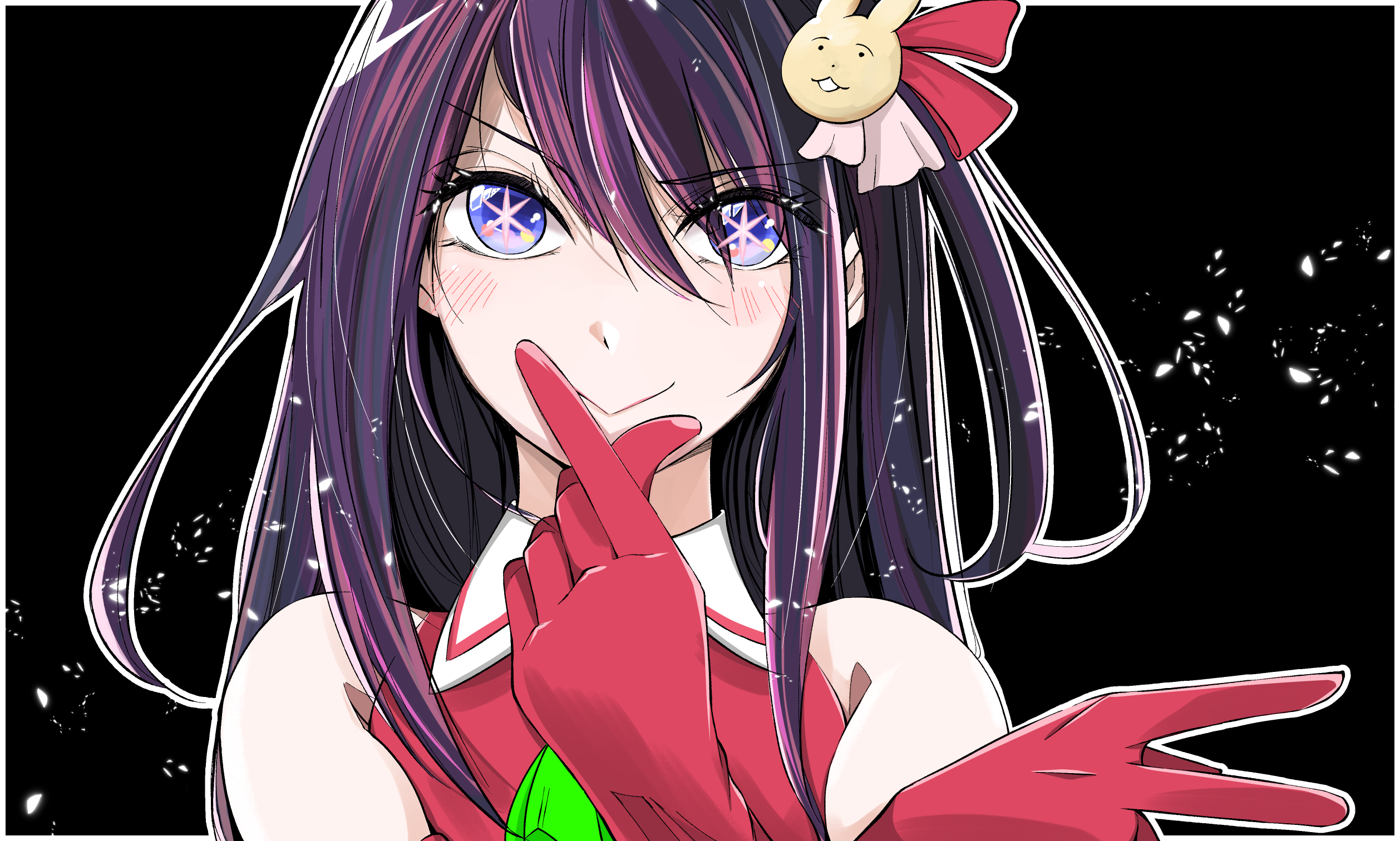 1girl bare_shoulders black_background black_hair commentary gloves hair_ornament highres hoshino_ai idol kou(likeathing) long_hair looking_at_viewer oshi_no_ko outline rabbit_hair_ornament red_gloves sleeveless solo star-shaped_pupils star_(symbol) symbol-shaped_pupils white_outline
