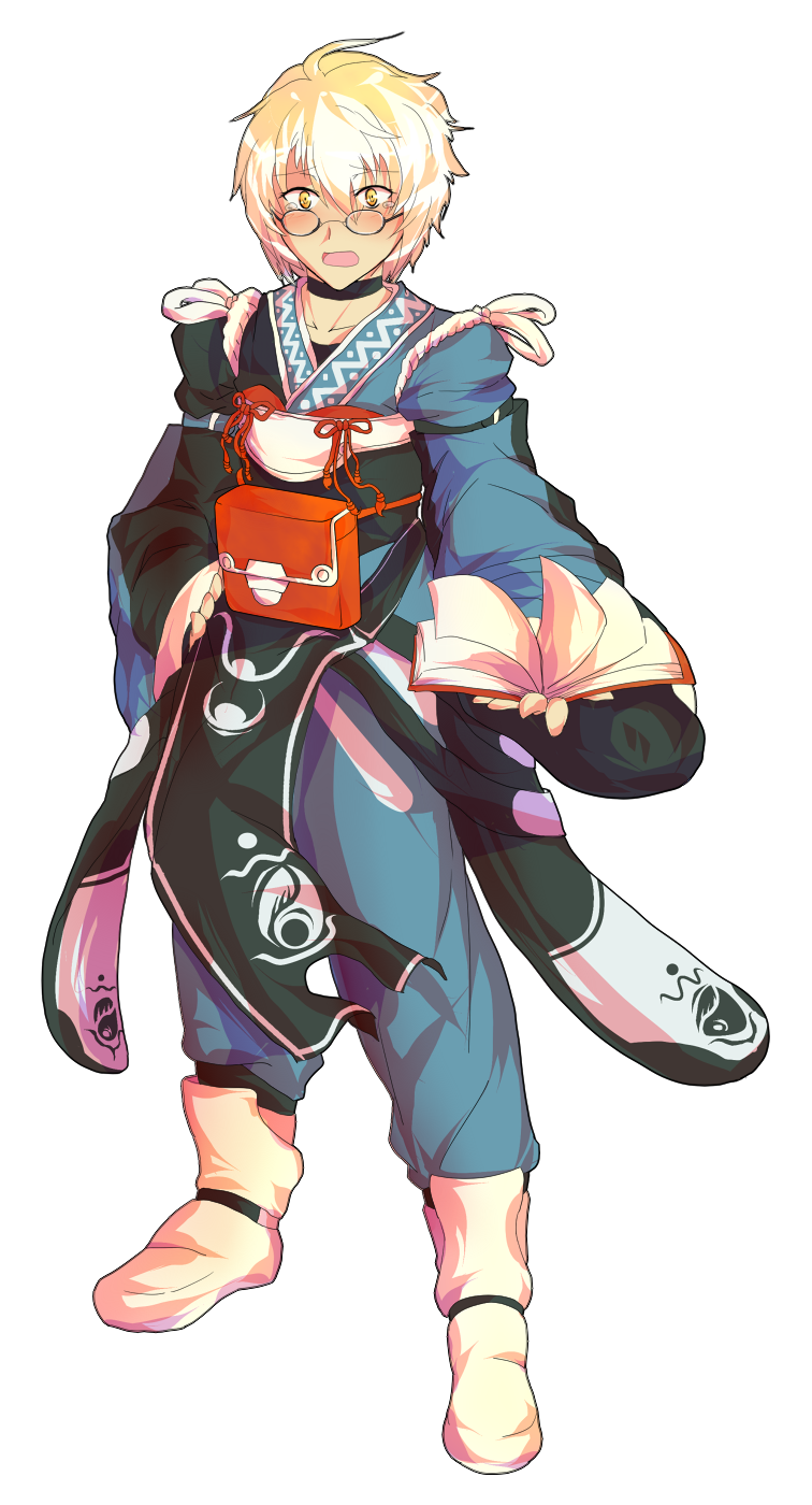 1boy ahoge alphes_(style) bag blue_pants blush book boots collarbone commentary_request dairi full_body glasses hand_on_own_hip highres holding holding_book japanese_clothes kimono large_variant_set long_sleeves male_focus morichika_rinnosuke pants parody red_bag short_hair solo standing style_parody tachi-e touhou variant_set white_boots white_hair yellow_eyes