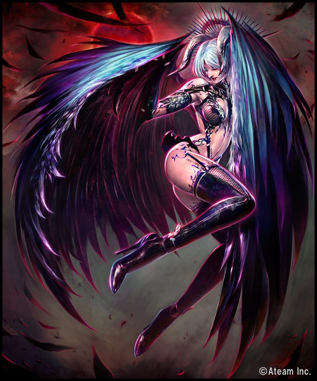 1girl arm_tattoo ass ateam_inc blue_hair bondage_outfit boots breast_tattoo breasts cleavage cloud crown dark_rebirth/labyrinth feathers fishnet_bra flying full_moon horns ito_masahiro leg_tattoo lingerie medium_breasts microskirt monster_girl moon night official_art pasties red_moon revealing_clothes short_hair skirt stomach_tattoo tattoo thigh_boots underwear wings