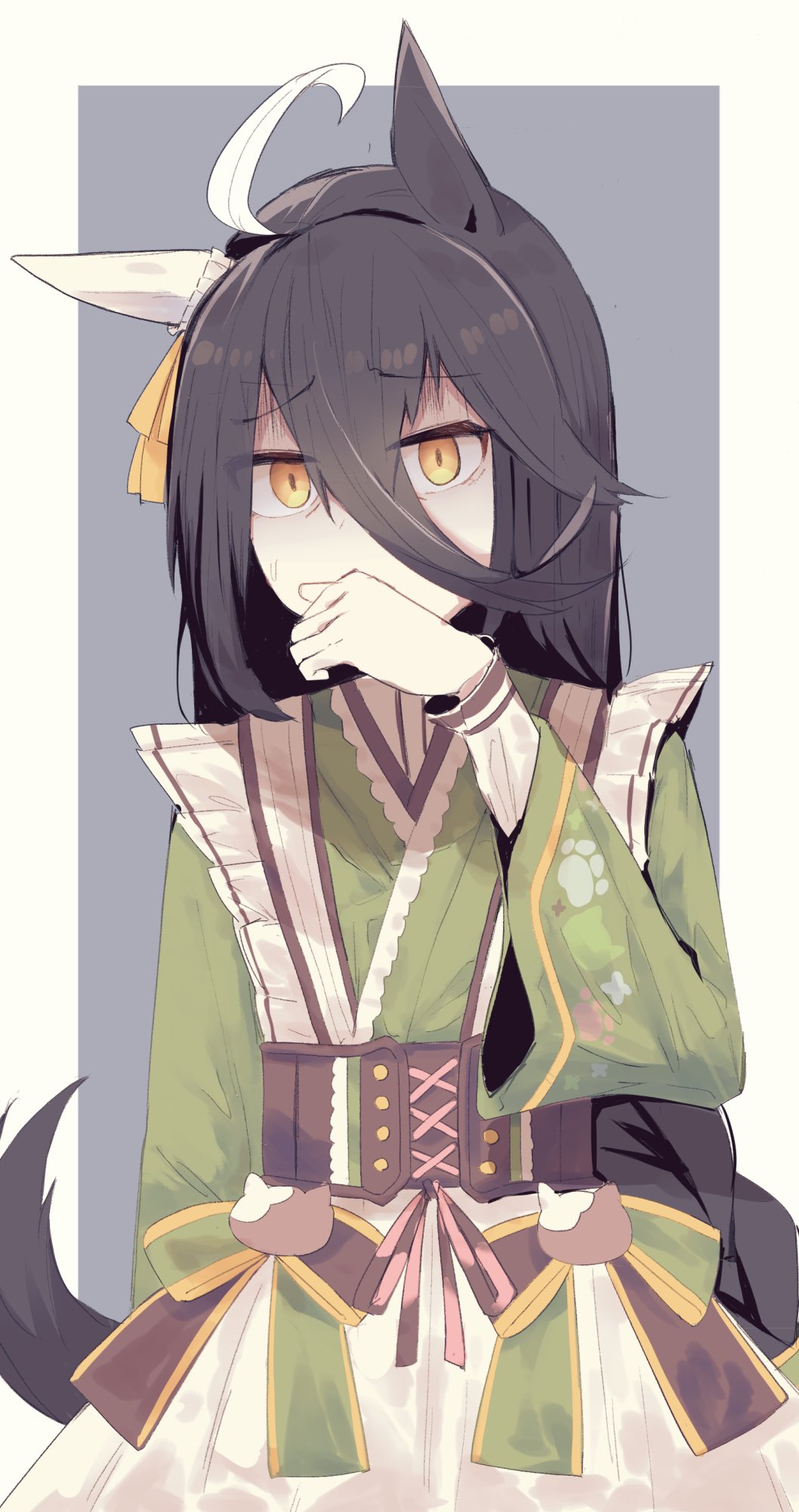 1girl ahoge animal_ears arclo_tachyon black_hair bow disgust ear_covers ear_ribbon girdle green_kimono highres horse_ears horse_girl horse_tail japanese_clothes kimono long_bangs long_hair long_sleeves manhattan_cafe_(umamusume) manhattan_cafe_(verdant_night)_(umamusume) official_alternate_costume official_alternate_hairstyle simple_background sleeves_past_wrists solo tail umamusume yellow_eyes