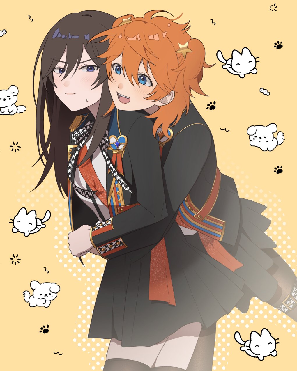 2girls akehoshi_subaru bbahot black_hair black_jacket black_shirt blue_eyes closed_mouth cowboy_shot ensemble_stars! genderswap genderswap_(mtf) hair_between_eyes hair_ornament hidaka_hokuto highres houndstooth hug hug_from_behind jacket long_hair looking_at_viewer mixed-language_commentary multiple_girls open_mouth orange_hair shirt smile star_(symbol) star_hair_ornament sweatdrop teeth upper_teeth_only yellow_background