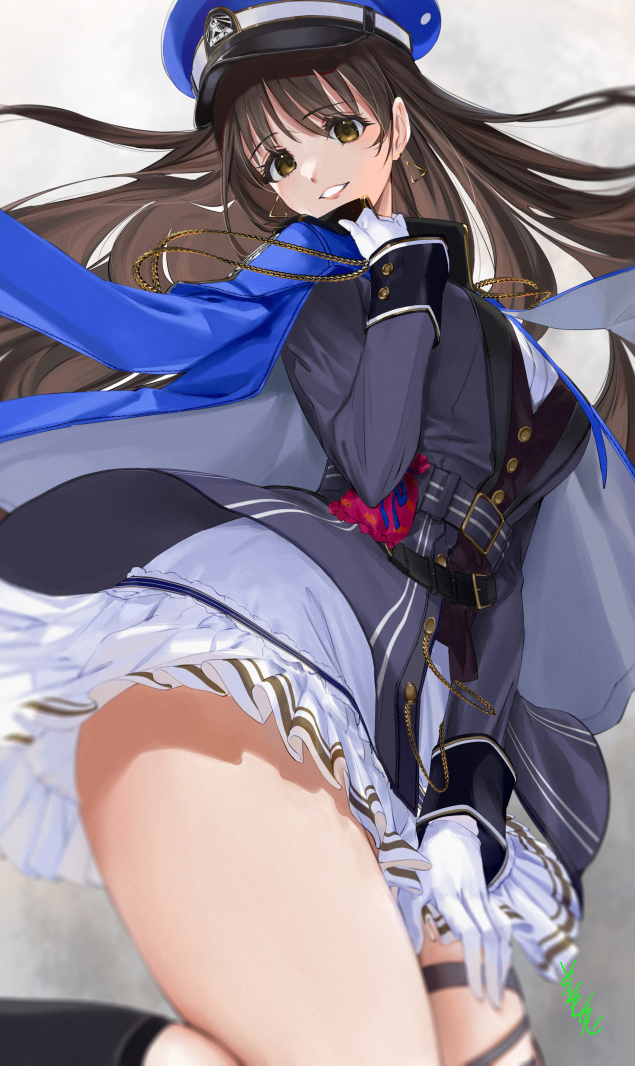 1girl belt black_boots blue_coat blue_hat blue_jacket blue_necktie boots breasts brown_eyes brown_hair coat coat_on_shoulders diesel_(nikke) feet_out_of_frame floating_hair gloves goddess_of_victory:_nikke grey_background hair_spread_out hat infinity_rail_(nikke) jacket long_hair long_sleeves looking_at_viewer medium_breasts military military_hat military_uniform miniskirt necktie open_clothes open_jacket peaked_cap shirt skirt smile white_gloves white_shirt white_skirt youmou_usagi