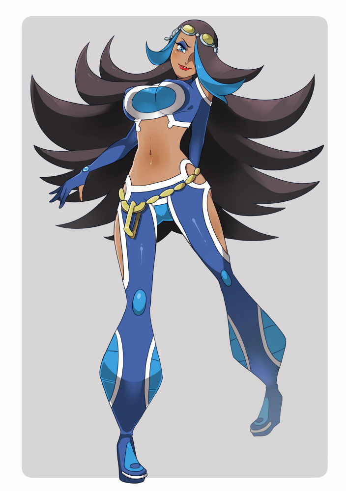 10s 1girl bare_shoulders black_hair dark_skin goggles grey_background hair_over_one_eye lips lipstick long_hair m516 makeup midriff navel nintendo pants pokemon pokemon_oras shelly_(pokemon) shelly_(pokemon_oras)