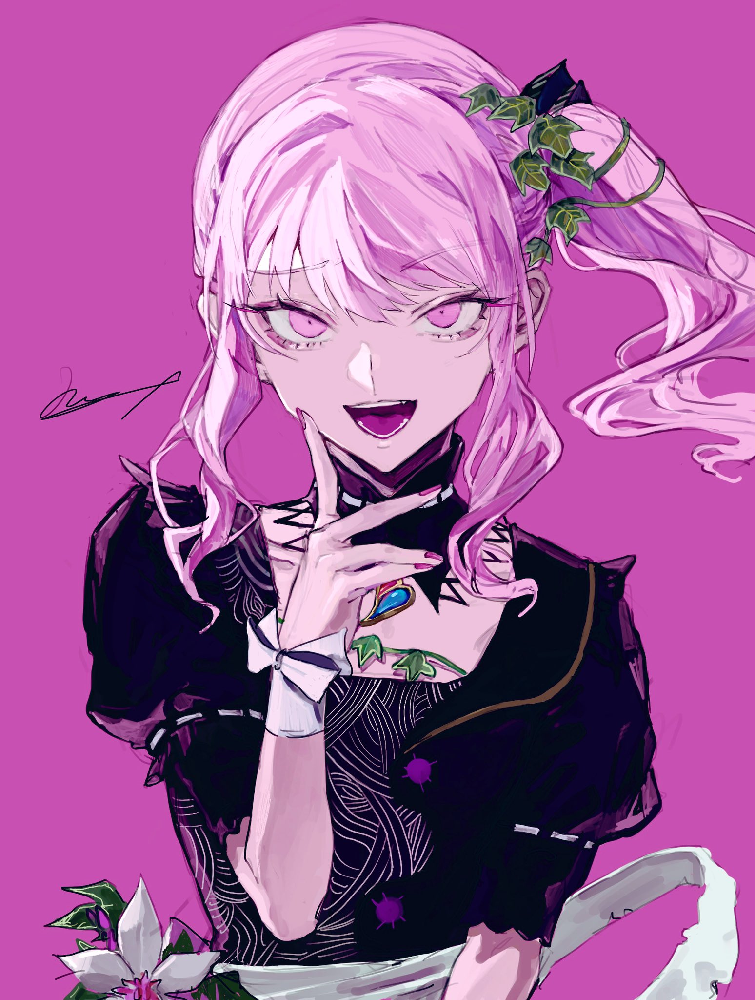 1other akiyama_mizuki android black_dress commentary dress flower hair_ornament highres leaf_hair_ornament long_sidelocks looking_at_viewer maigo_no_te_wo_hiku_sono_saki_wa_(project_sekai) official_alternate_costume open_mouth pink_background pink_eyes pink_hair pink_nails planet_hair_ornament project_sekai ratte_(cf) side_ponytail sidelocks signature simple_background smile swept_bangs upper_body white_flower