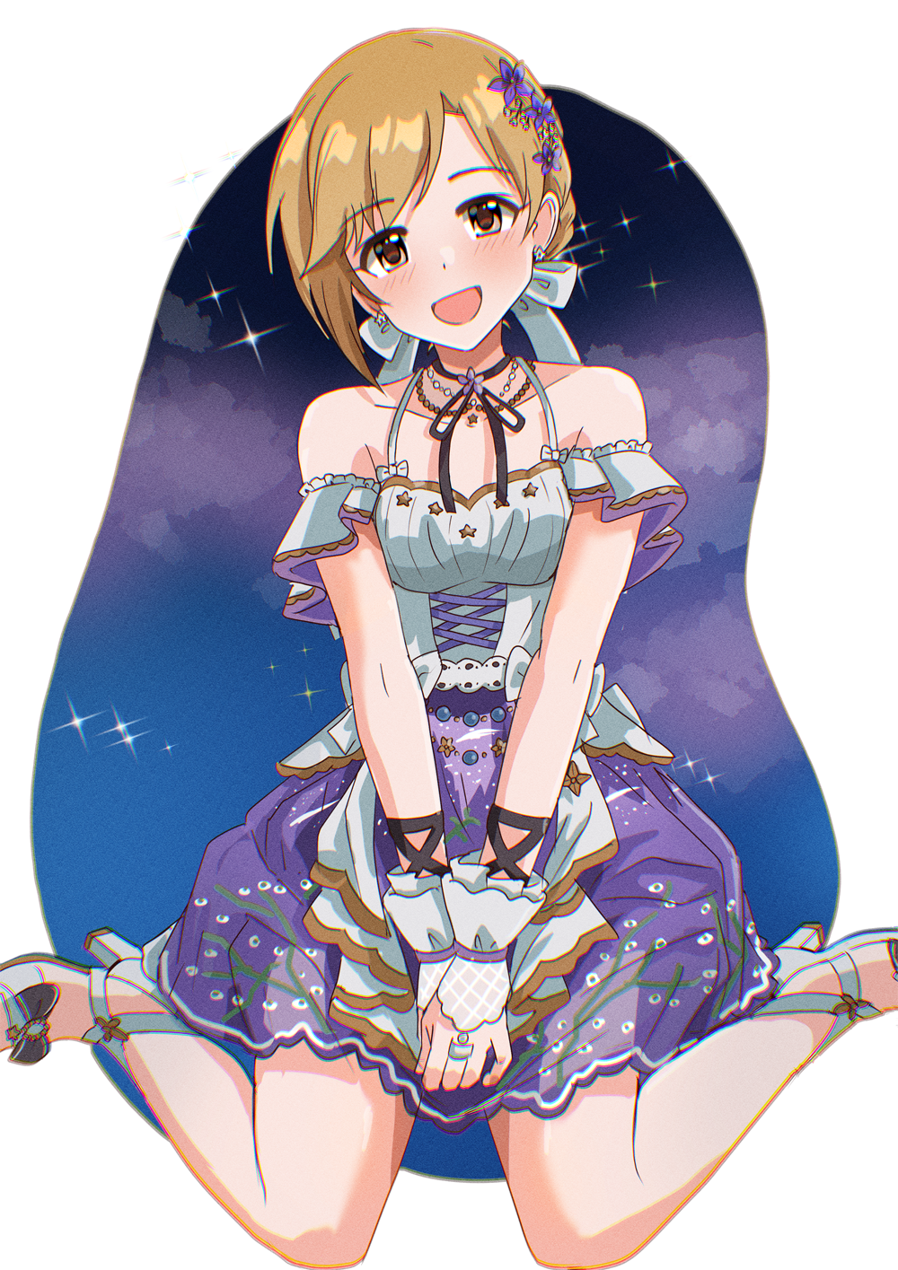 1girl aiba_yumi bare_shoulders birthday black_bow black_ribbon blonde_hair blush border bow braid breasts brown_eyes collarbone commentary_request dot_nose dress earrings flower flower_earrings footwear_bow full_body hair_bow hair_flower hair_ornament head_tilt high_heels highres idol idol_clothes idolmaster idolmaster_cinderella_girls idolmaster_cinderella_girls_starlight_stage illustscody jewelry looking_at_viewer multicolored_dress neck_ribbon necklace night night_sky off-shoulder_dress off_shoulder official_alternate_costume purple_dress purple_flower ribbon ring shoes short_hair sidelocks sitting sky smile solo sparkle straight-on straight_hair swept_bangs tongue v_arms wariza white_border white_bow white_dress white_shoes white_wrist_cuffs wrist_cuffs