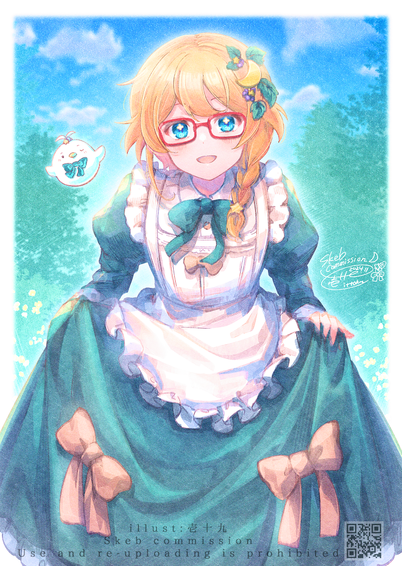 1girl :d apron blue_dress blue_eyes blue_sky blush bow braid brown_bow cloud commentary_request commission copyright_request crescent crescent_hair_ornament day dress english_text flower frilled_apron frills glasses hair_flower hair_ornament hair_over_shoulder ittokyu juliet_sleeves long_hair long_sleeves looking_at_viewer maid maid_apron open_mouth orange_hair outdoors partial_commentary puffy_sleeves purple_flower qr_code red-framed_eyewear signature single_braid sky smile solo virtual_youtuber watermark white_apron