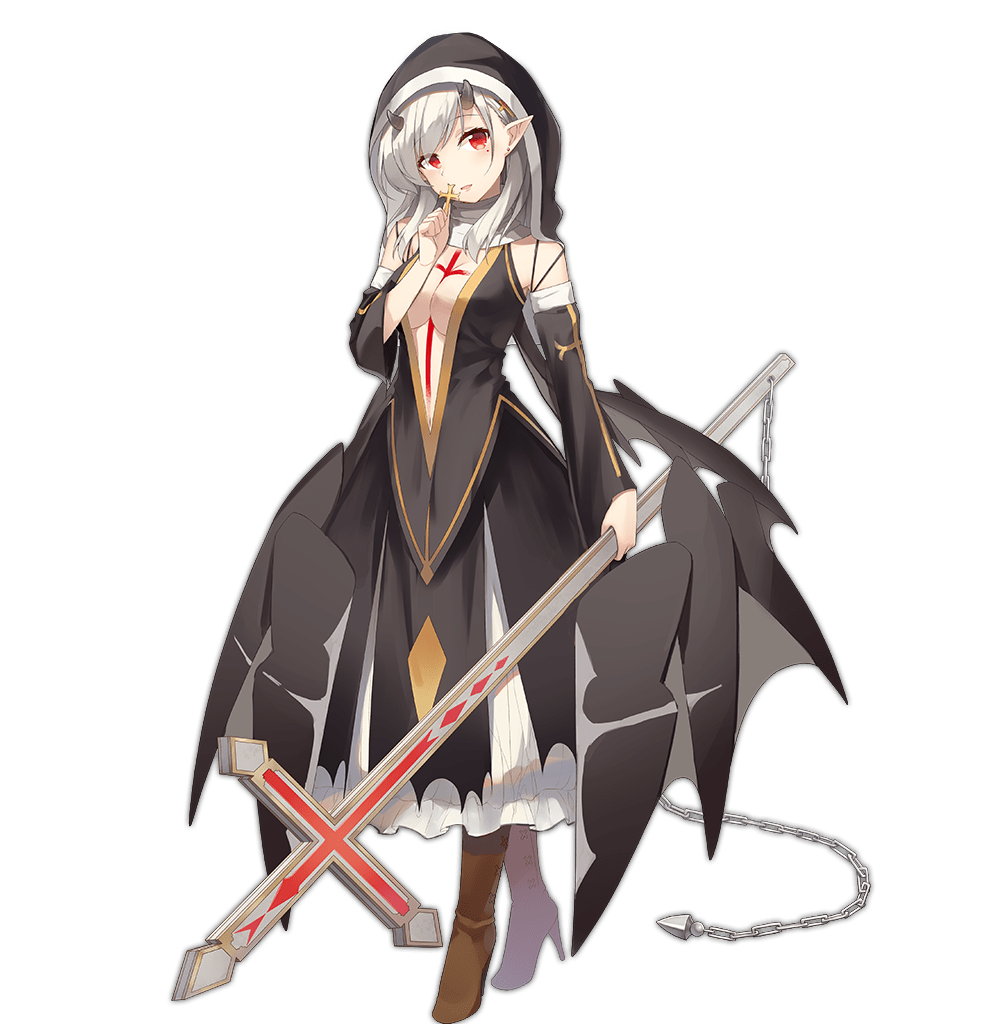 1girl ark_order black_dress black_wings boots breasts brown_boots center_opening cleavage cross cross_tattoo demon_girl demon_horns dress ear_piercing full_body gargoyle_(ark_order) habit heijialan high_heel_boots high_heels holding holding_cross horns large_breasts looking_at_viewer low_wings medium_hair nun official_art piercing pointy_ears red_eyes solo tachi-e tattoo transparent_background variant_set white_hair wings