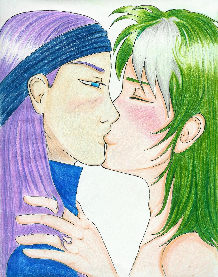 2boys bare_shoulders blue_eyes blush closed_eyes fire_emblem fire_emblem:_the_blazing_blade green_hair hand_on_shoulder headband heath_(fire_emblem) kiss legault_(fire_emblem) long_hair male_focus multicolored_hair multiple_boys nintendo nude purple_hair two-tone_hair white_hair wyvern_rider yaoi