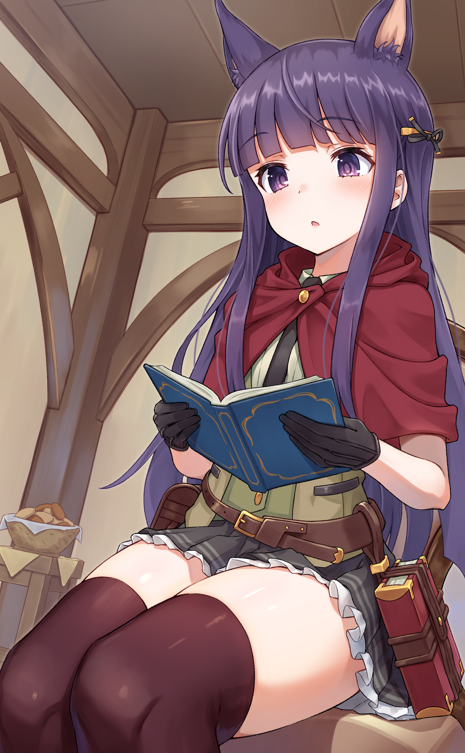 1girl absurdres animal_ears black_gloves black_necktie blush book capelet chestnut_mouth commission dog_ears frilled_skirt frills gloves highres holding holding_book kasumi_(princess_connect!) komashiro_n long_hair necktie open_book pleated_skirt princess_connect! purple_eyes purple_hair red_capelet sitting skeb_commission skirt solo thighhighs thighs