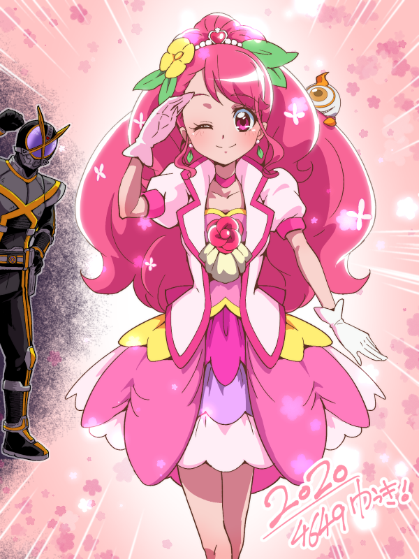 1boy 1girl 2020 black_pants blush choker clenched_hand closed_mouth cowboy_shot crossover cure_grace earrings flower gloves hair_bun hair_flower hair_ornament hanadera_nodoka healin&#039;_good_precure heart heart_hair_ornament helmet jewelry kamen_rider kamen_rider_ghost_(series) kamen_rider_kaixa layered_skirt long_hair looking_at_viewer magical_girl one_eye_closed pants pink_background pink_eyes pink_hair pink_neckwear pink_skirt pink_theme precure puffy_sleeves salute single_hair_bun skirt smile standing tj-type1 white_gloves yurusen