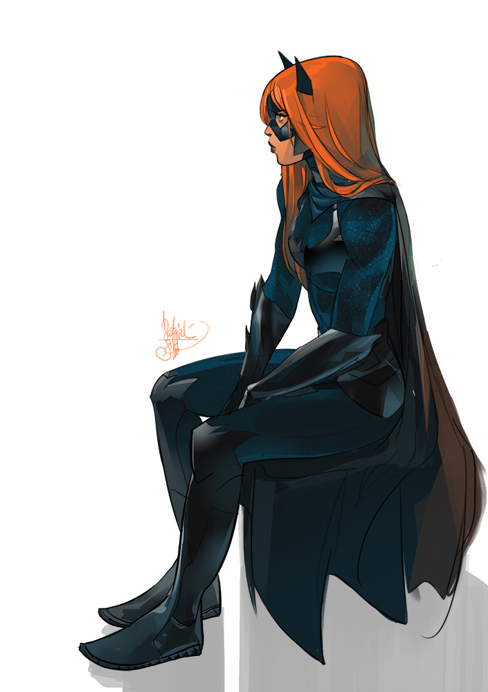 1girl barbara_gordon batgirl batman_(series) black_boots black_cape black_gloves boots cape dc_comics gloves long_hair orange_hair otto_schmidt signature simple_background sitting solo white_background