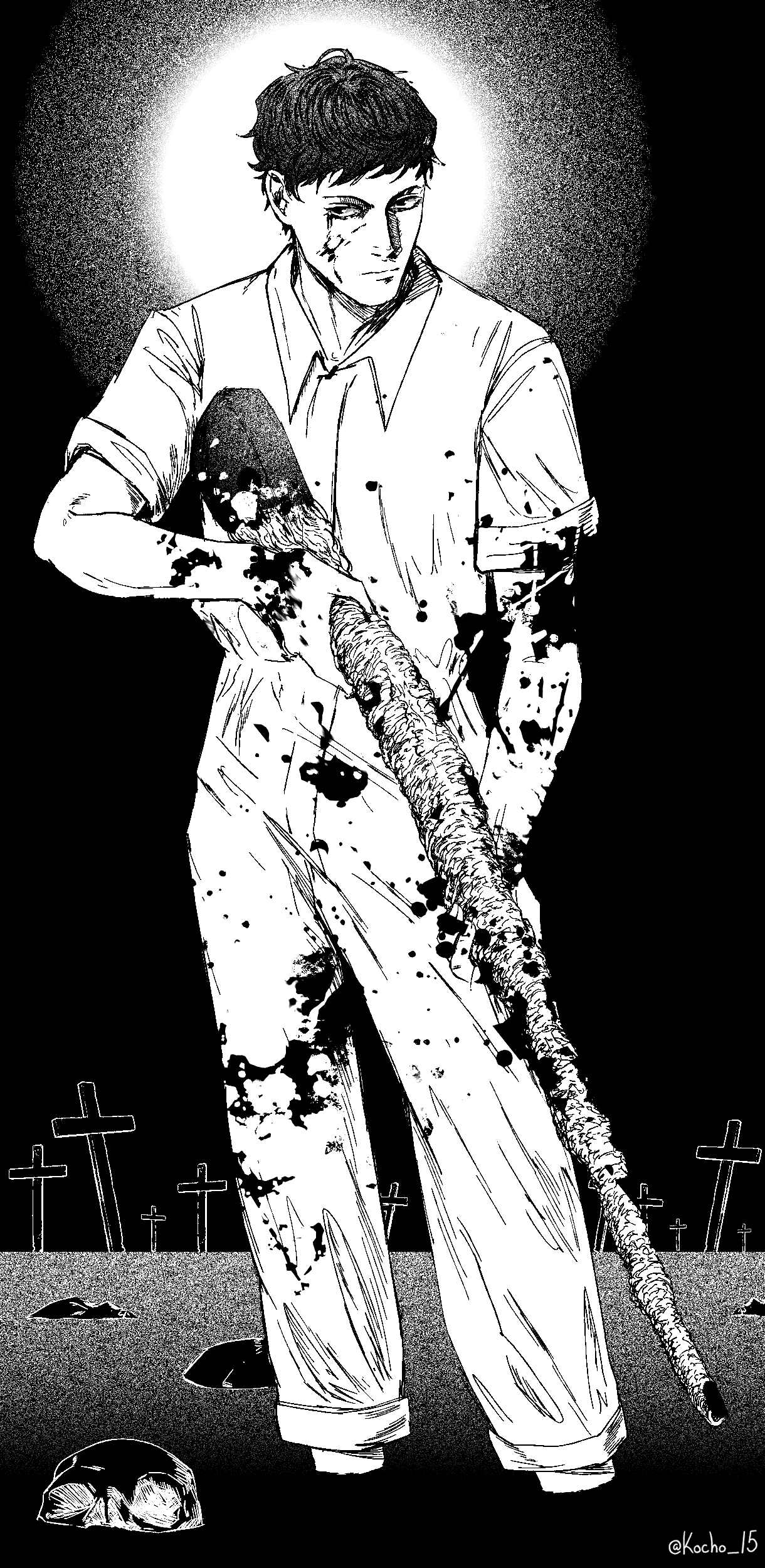 1boy absurdres black_background collared_jumpsuit color_contrast fear_&amp;_hunger_(series) fear_&amp;_hunger_2:_termina full_body grave graveyard greyscale gun highres holding holding_gun holding_weapon jumpsuit kocho_15 levi_(fear_&amp;_hunger) male_focus monochrome pink_background rifle short_hair short_sleeves skull solo tombstone twitter_username wading weapon