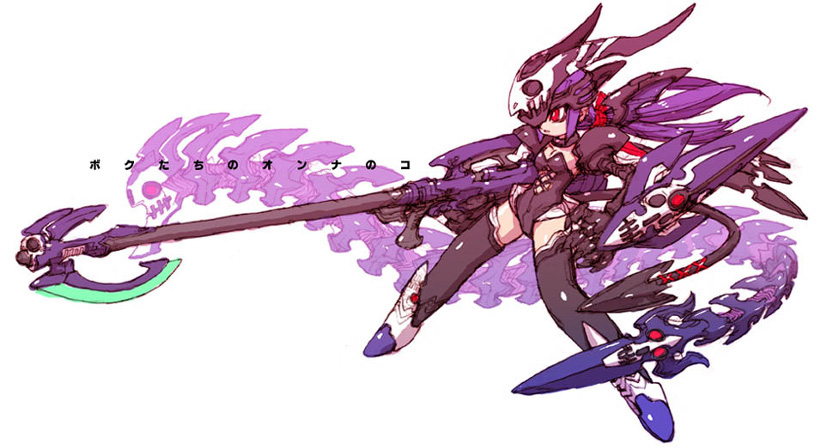 1girl android ankle_boots armor armored_boots black_leotard black_thighhighs boots breasts cleavage collar demon_tail female_focus fighting_stance from_side full_body gun helmet holding holding_gun holding_weapon leotard long_hair nakayama_tooru original peachclass profile purple_hair purple_theme red_eyes rifle scythe shoulder_pads simple_background small_breasts sniper_rifle solo standing tail text_focus thighhighs thighs weapon white_background