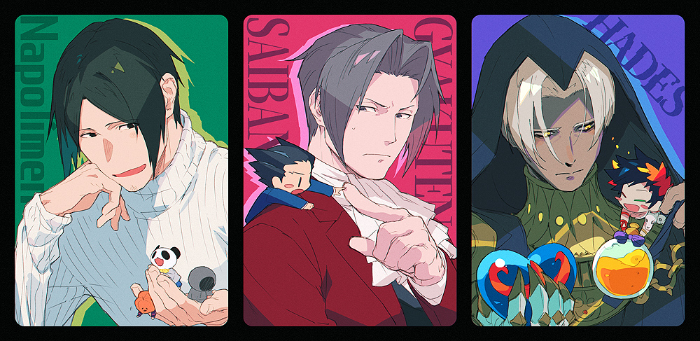 5boys ace_attorney ascot black_hair character_request closed_eyes closed_mouth copyright_name dark-skinned_male dark_skin grey_hair hades_(series) hades_1 hood hood_up itsuki_(nightlight) laurel_crown long_sleeves male_focus miles_edgeworth mini_person miniboy multiple_boys napolimens open_mouth phoenix_wright ribbed_sweater spiked_hair sweater thanatos_(hades) turtleneck turtleneck_sweater upper_body white_ascot white_sweater zagreus_(hades)