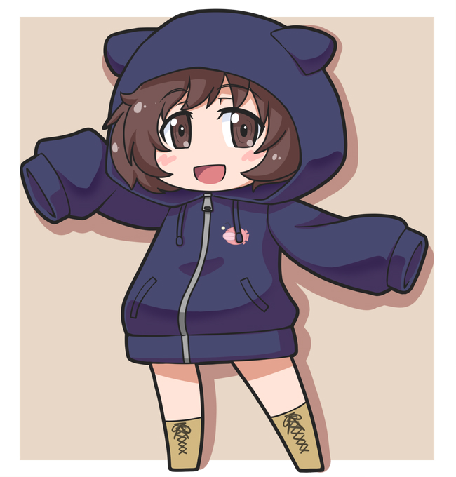 1girl akiyama_yukari anglerfish animal_hood blue_hoodie boots brown_background brown_eyes brown_hair casual chibi drawstring emblem fish girls_und_panzer goriate hood hoodie long_hoodie looking_at_viewer messy_hair open_mouth shadow short_hair sleeves_past_fingers sleeves_past_wrists smile solo standing yellow_boots