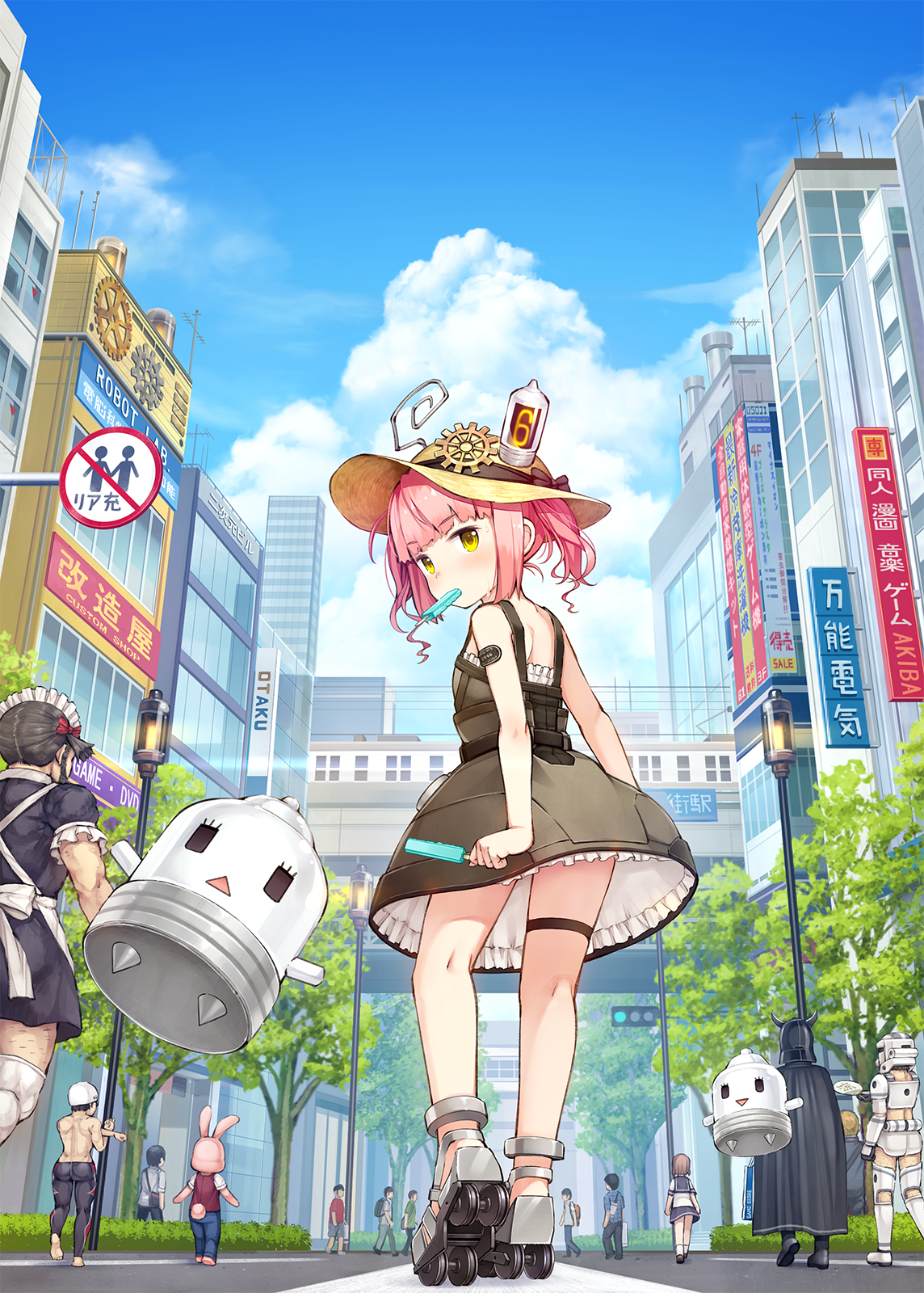 1girl 2girls 6+boys akicolle androgynous android animal_costume animal_ears armor back backpack bag bare_back bare_shoulders beard black_bow black_hair blue_sky blush boots bow bridge brown_eyes building cape clothes_lift cloud cosplay crossdressing darth_vader day dress eating eyebrows facial_hair food frilled_skirt frills from_behind from_below full_body gears hat helmet highres holding horns ice_cream lamppost leg_hair looking_at_viewer looking_back maid mascot mouth_hold multiple_boys multiple_girls namaru_(summer_dandy) nature official_art out_of_frame outdoors pink_hair popsicle rabbit_costume rabbit_ears rabbit_tail red_bow road road_sign roller_skates school_uniform serafuku shop short_dress short_hair short_twintails sign sim skates skirt skirt_lift sky socks solo_focus sportswear star_wars stormtrooper stretching sun_hat sweat tail thigh_strap thighhighs traffic_light tree triangle_mouth twintails upskirt vacuum_tube white_thighhighs yellow_eyes