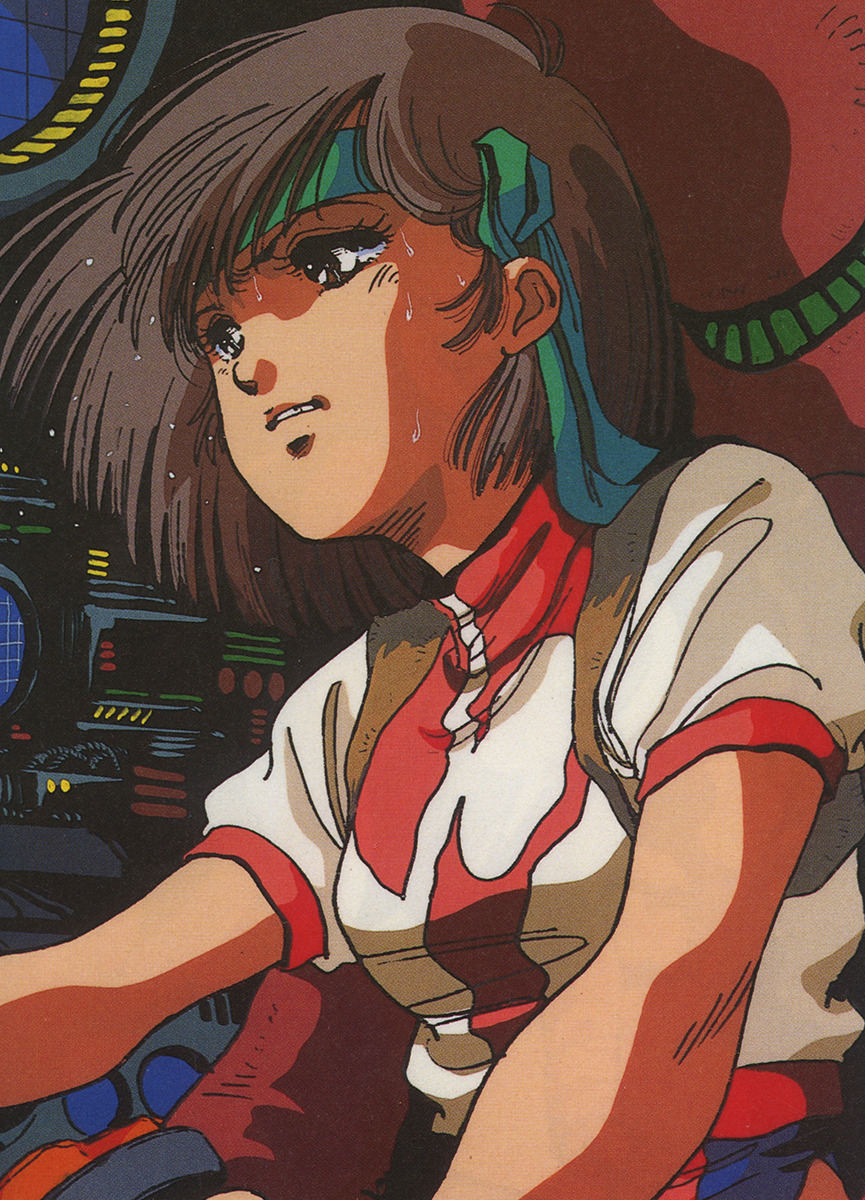 1980s_(style) 1girl bandana brown_eyes brown_hair clenched_teeth cockpit dial gunbuster hachimaki headband highres key_visual machinery mecha mikimoto_haruhiko official_art oldschool pilot_chair promotional_art retro_artstyle robot scan science_fiction serious sketch sweat sweatdrop takaya_noriko teeth top_wo_nerae! top_wo_nerae!_(series) traditional_media uniform