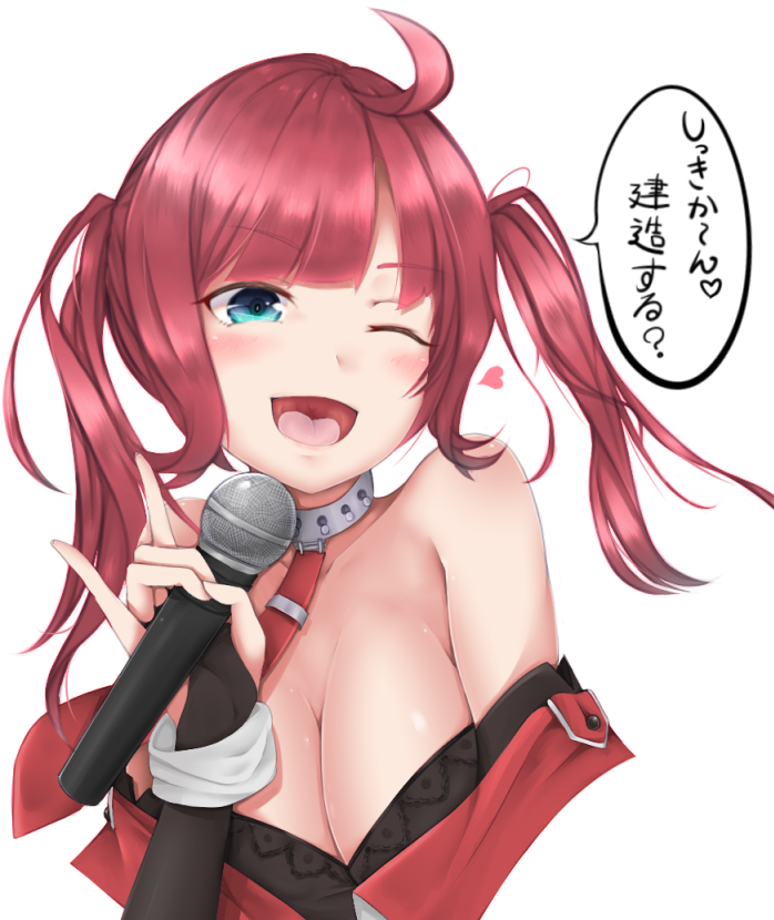1girl :d aoki_(aoki_illust) azur_lane bare_shoulders blue_eyes blush breasts cleavage collarbone heart holding holding_microphone large_breasts m/ microphone music open_mouth red_hair san_diego_(azur_lane) simple_background singing smile solo speech_bubble tongue twintails upper_body white_background