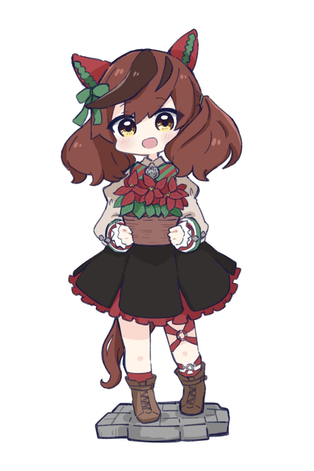 1girl :d animal_ears black_dress blush boots bow brown_boots brown_eyes brown_hair chibi commentary_request dress ear_bow flower flower_box frilled_dress frills full_body green_bow grey_shirt hair_between_eyes highres holding horse_ears horse_girl horse_tail juliet_sleeves long_sleeves looking_at_viewer multicolored_hair nice_nature_(umamusume) nozo_(hitomiz) open_mouth puffy_sleeves red_flower red_socks shirt simple_background sleeveless sleeveless_dress smile socks solo standing streaked_hair tail twintails umamusume white_background