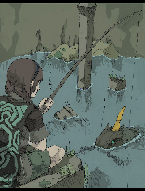 1boy bad_id bad_pixiv_id brown_hair colossus degite fishing letterboxed male_focus shadow_of_the_colossus short_hair surcoat wander_(shadow_of_the_colossus)