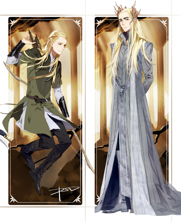 2boys animification arrow_(projectile) artist_name belt blonde_hair boots bow_(weapon) crown dated elf father_and_son king legolas long_hair male_focus middle_earth multiple_boys outside_border pointy_ears prince psd quiver signature the_hobbit thranduil tolkien&#039;s_legendarium tunic weapon white_tunic