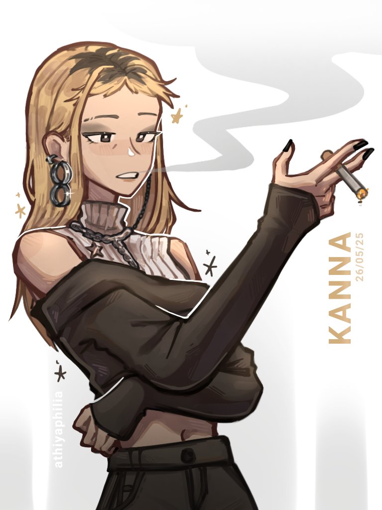 1girl athiyaphilia bare_shoulders black_eyes black_hair black_shirt blonde_hair bright_pupils chain character_name cigarette commentary dated english_commentary eyeshadow holding holding_cigarette kanna_(kininatteru_hito_ga_otoko_ja_nakatta) kininatteru_hito_ga_otoko_ja_nakatta long_sleeves makeup midriff_peek multicolored_hair navel parted_lips roots_(hair) shirt sleeves_past_wrists smoke smoking solo sparkle sweater turtleneck turtleneck_sweater upper_body white_background white_pupils