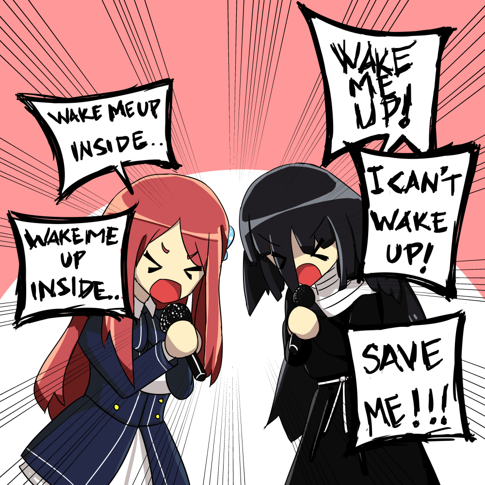 &gt;_&lt; 10s 2girls ahoge bandaged_neck bandages bimbonbash black_hair bow cleaning_rag english_text evanescence hair_between_eyes hair_ornament holding holding_microphone long_hair microphone minamoto_sakura multiple_girls music off_shoulder open_mouth polka_dot red_hair saga school_uniform singing yamada_tae zombie zombie_land_saga