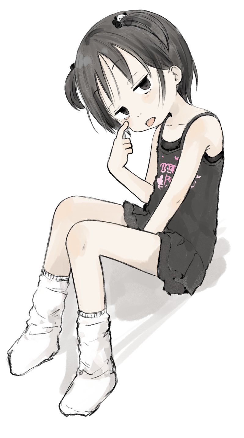 1girl :p akanbe bare_arms bare_legs bare_shoulders between_legs black_camisole black_eyes black_hair black_skirt camisole camisole_writing child clothes_writing collarbone commentary_request eyelid_pull finger_to_eye from_side full_body hair_bobbles hair_ornament hand_between_legs hand_up head_tilt heart heart_print heisei_retro highres index_finger_raised jojifuku knees_up layered_skirt looking_at_viewer mezzo_piano miniskirt nanoningen_(anapoko) no_shoes nostrils open_mouth original panda_hair_ornament print_camisole print_shirt shirt shirt_writing short_hair simple_background sitting skirt socks solo tongue tongue_out two_side_up white_background white_socks