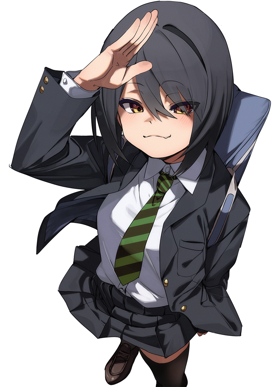 1girl backpack bag black_hair black_thighhighs blazer brown_eyes fu-ta highres jacket looking_at_viewer medium_hair necktie original pleated_skirt shirt shoes skirt standing thighhighs white_shirt zettai_ryouiki