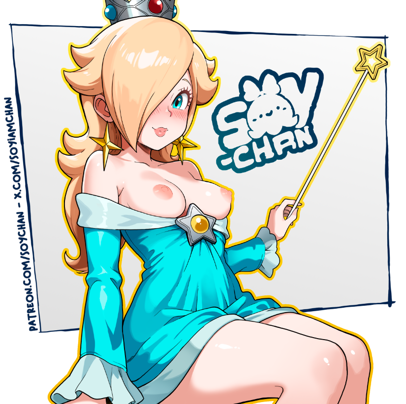 1girl animal_ears artist_name blonde_hair blue_dress blue_eyes blush breasts breasts_out closed_mouth collarbone commentary crown dress english_commentary hair_over_one_eye holding holding_wand lips long_hair looking_at_viewer mario_(series) medium_breasts mini_crown nintendo nipples patreon_username rosalina sitting smile solo soy-chan star_wand twitter_username wand