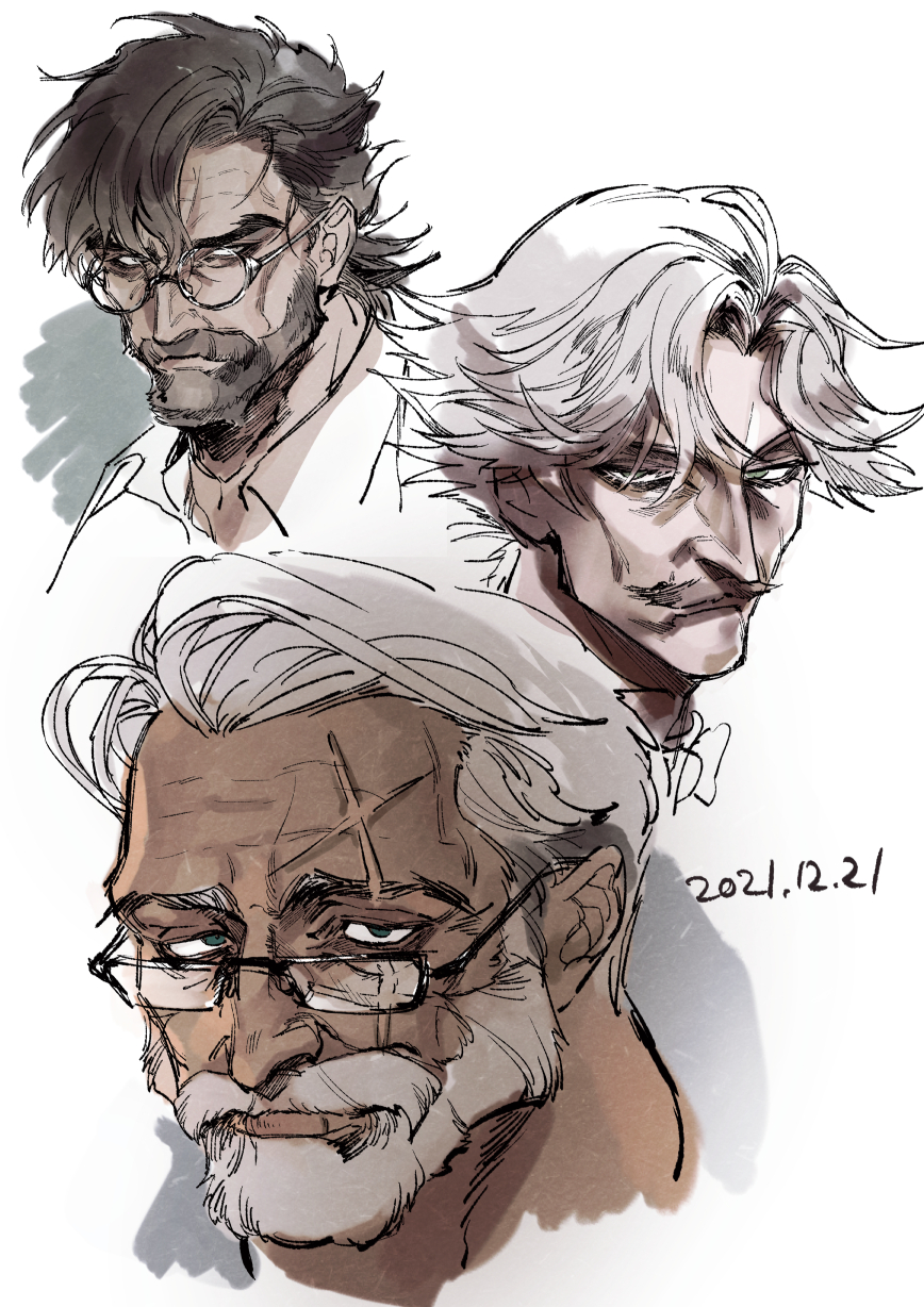 3boys beard black_eyes character_request dark-skinned_male dark_skin dated facial_hair glasses highres male_focus mature_male medium_hair multiple_boys mustache old old_man shin_(sinsin12121) short_hair white_background white_hair