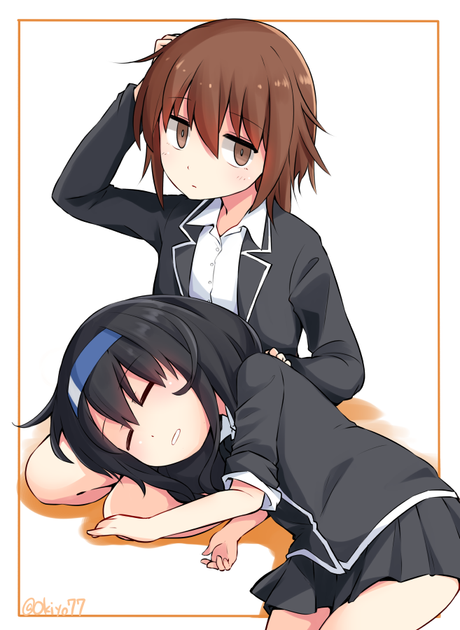 black_hair black_skirt blush brown_eyes brown_hair closed_eyes closed_mouth hair_between_eyes hatsushimo_(kancolle) hatsushimo_kai_ni_(kancolle) kantai_collection lap_pillow long_hair long_sleeves lying okitarou_(okiyo) on_side short_hair simple_background sitting skirt twitter_username wakaba_(kancolle)