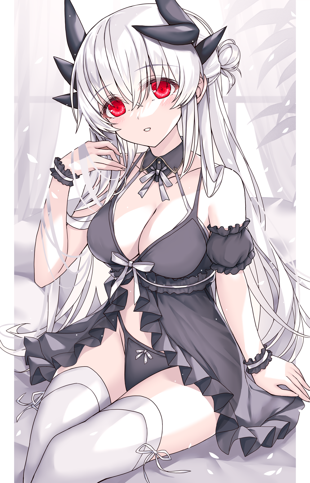 1girl bad_id bad_pixiv_id bare_shoulders black_panties blush bow bow_panties breasts cleavage dragon_girl dragon_horns fate/grand_order fate_(series) hand_in_own_hair highres horns kiyohime_(fate) kiyohime_(third_ascension)_(fate) large_breasts long_hair looking_at_viewer morizono_shiki panties parted_lips red_eyes sitting smile solo thighhighs thighs underwear white_hair white_thighhighs