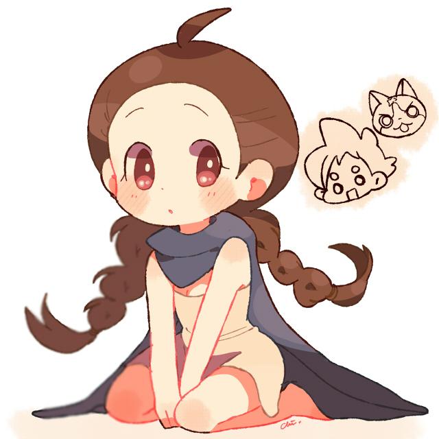 10s 1girl :o ahoge amano_yukiko_(youkai_watch) braid brown_hair cat chiyoko_(oman1229) female_focus fuyunyan keizou long_hair open_mouth scar simple_background sitting solo twin_braids youkai_watch youkai_watch_2