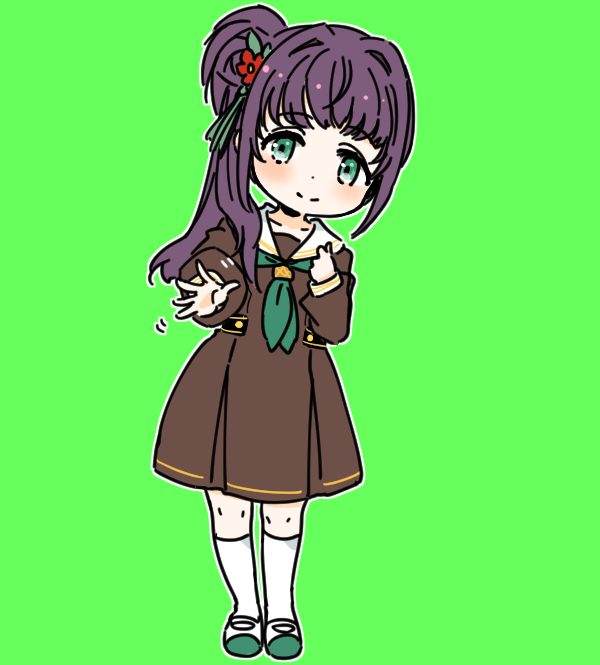 1girl aqua_neckerchief aqua_shoes blush brown_dress clenched_hand closed_mouth collarbone commentary deformed dress flower full_body green_background green_eyes hair_bun hair_flower hair_intakes hair_ornament hasu_no_sora_school_uniform hellomegu! leaning_to_the_side link!_like!_love_live! long_hair long_sleeves looking_at_viewer love_live! medium_dress neckerchief open_hand otomune_kozue outline outstretched_arm pleated_dress purple_hair red_flower sailor_collar sailor_dress school_uniform shinanoya_(satanicad) shoes side_ponytail sidelocks simple_background single_side_bun smile solo split_mouth standing symbol-only_commentary tassel tassel_hair_ornament uwabaki virtual_youtuber white_outline white_sailor_collar winter_uniform